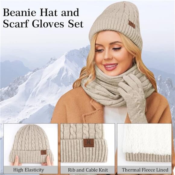 Womens winter beanie scarf gloves set warm knit fleece lined touchscreen hat gif - Picture 2 of 7